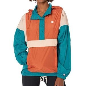 Champion Women's Windbreaker Pullover Hoodie Jacket in Teal Orange Size XS